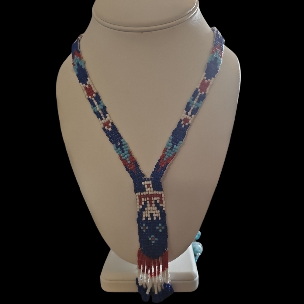 Vintage Art Deco Sautoir Woven Seed Bead Eagle Tribal Necklace - Picture 2 of 2